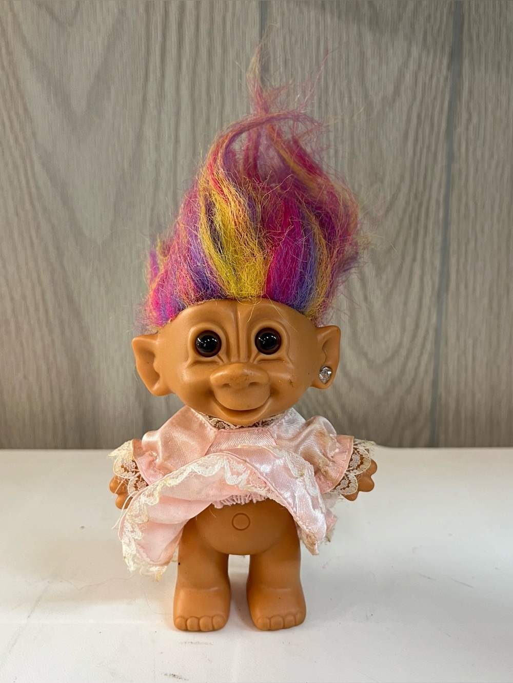 1990's Bright Of America 4.5" Rainbow Troll Doll Rhinestone Earring Pink Dress